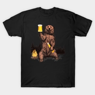 Bear Drinking Beer Camp Fire Woods Outdoor Funny Grizzly T-Shirt